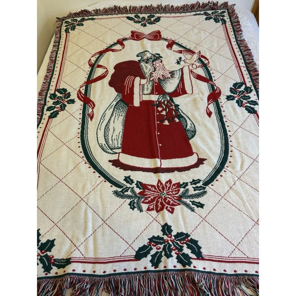 Vtg Heavy Tapestry Throw Blanket Santa Claus Toys Christmas 71